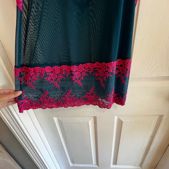 WACOAL Lace Trim Chemise Dress Teal & Pink Floral Lingerie Slip Sheer Nightie L - Picture 8 of 8